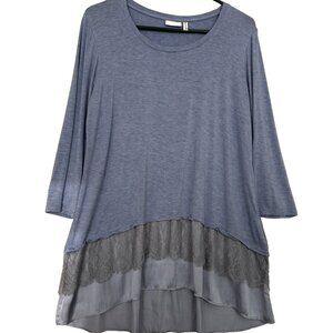 LOGO Lori Goldstein Petite LP Tiered Tunic Blue Lace Satin Hem Lagenlook Boho